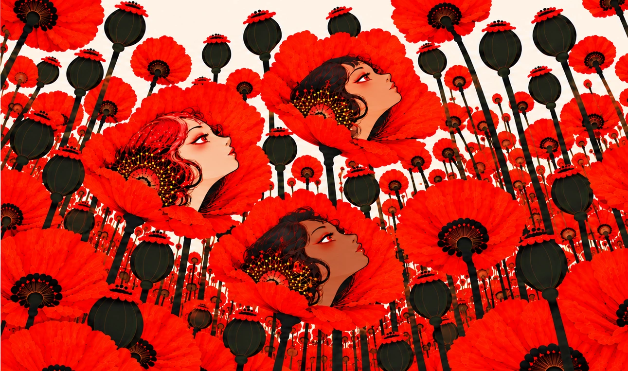 Three diverse women’s faces embedded in a tall red poppy field, viewed from below.
