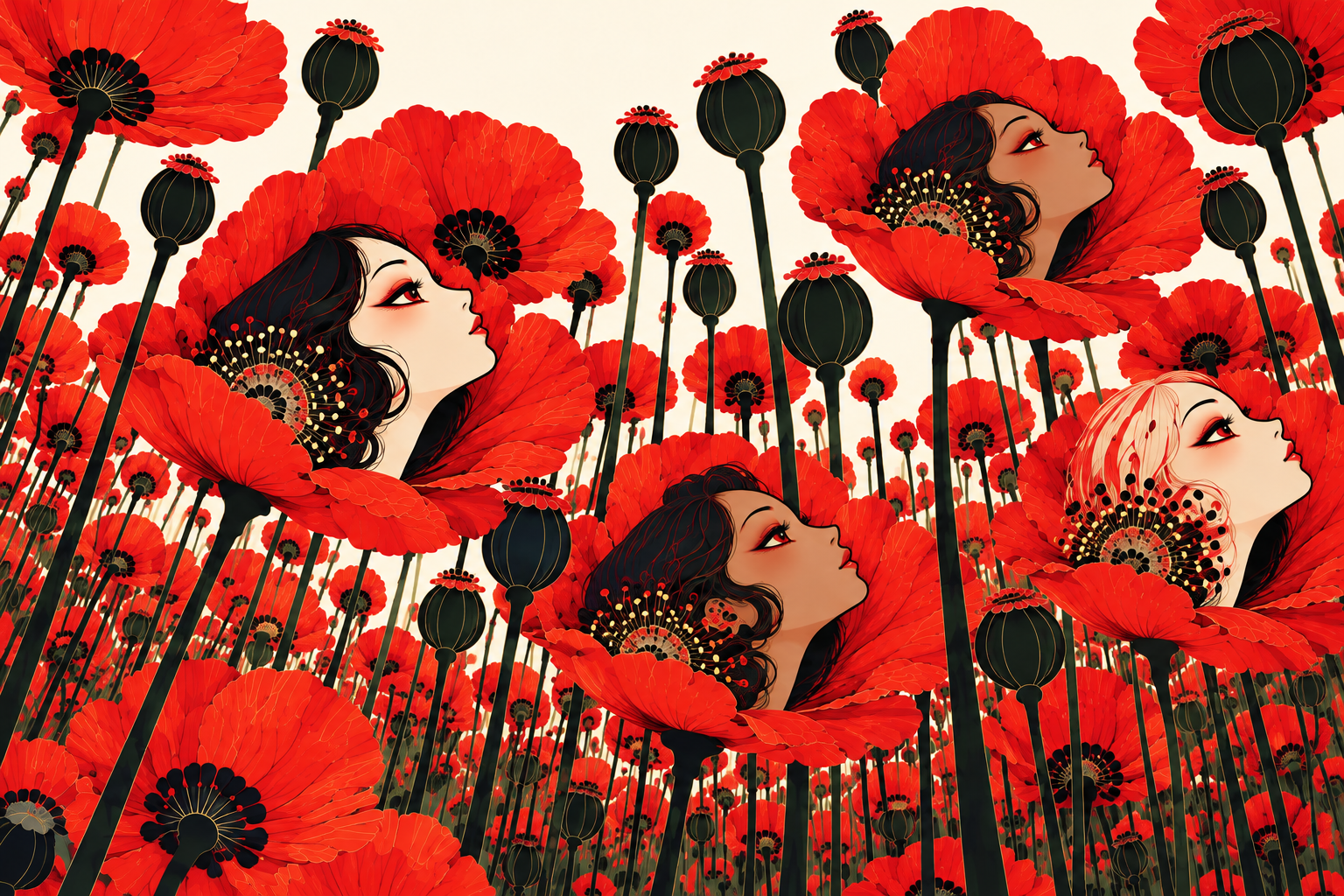 Tall poppies with women’s faces in the blossoms.